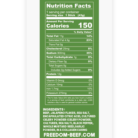 Jalapeño beef stick nutrition facts: 150 calories, 12g protein, 0g sugar