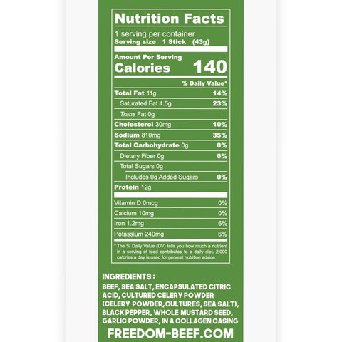 Original beef stick nutrition facts: 140 calories, 12g protein, 0g sugar
